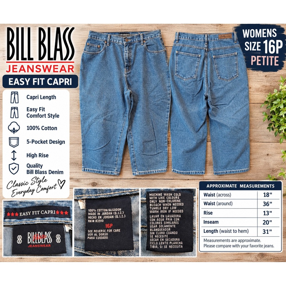 Bill Blass Jeanswear Womens 16P Petite Easy Fit Capri High Rise Blue Denim Jeans